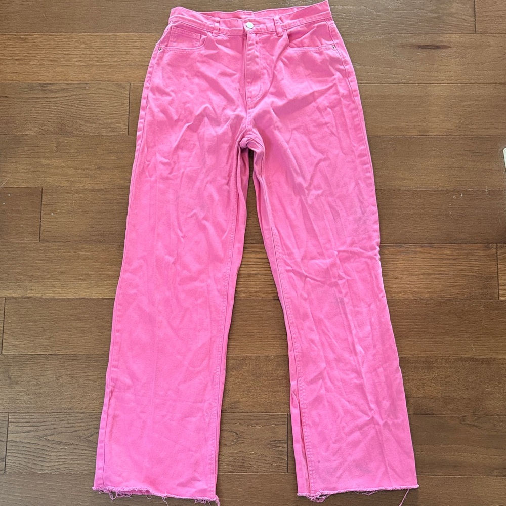 SHEIN Bright Pink Straight-Leg Jeans (Size: L Tall)